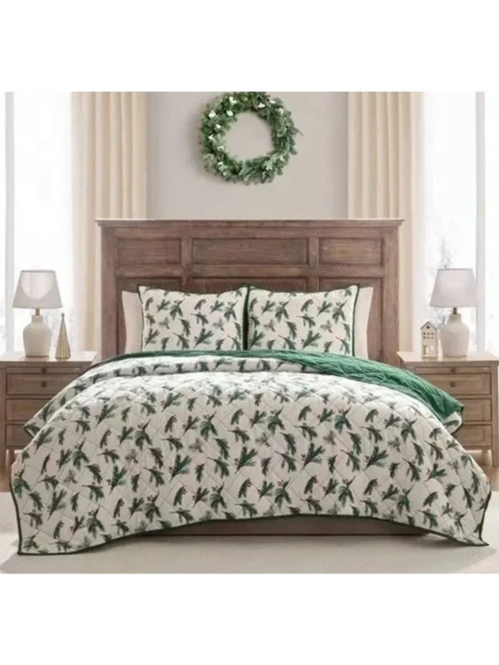 Hallmark Queen Flannel Greenery Print Quilt/ 2 Standard Shams Set Holiday Decor